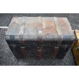 A Victorian metal and wood bound travelling trunk with fitted interior, 81.5cm wide. This lot can