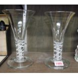 A pair of old oversized opaque twist drawn funnel ale glasses, probably continental, 19.5cm high.