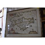An antique hand coloured map of the Isle of Wight, by J Blaeu, pl.39 x 51cm.
