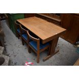 A mid-century style teak dining table and five chairs, labelled 'Pedley, Saffron Walden', the