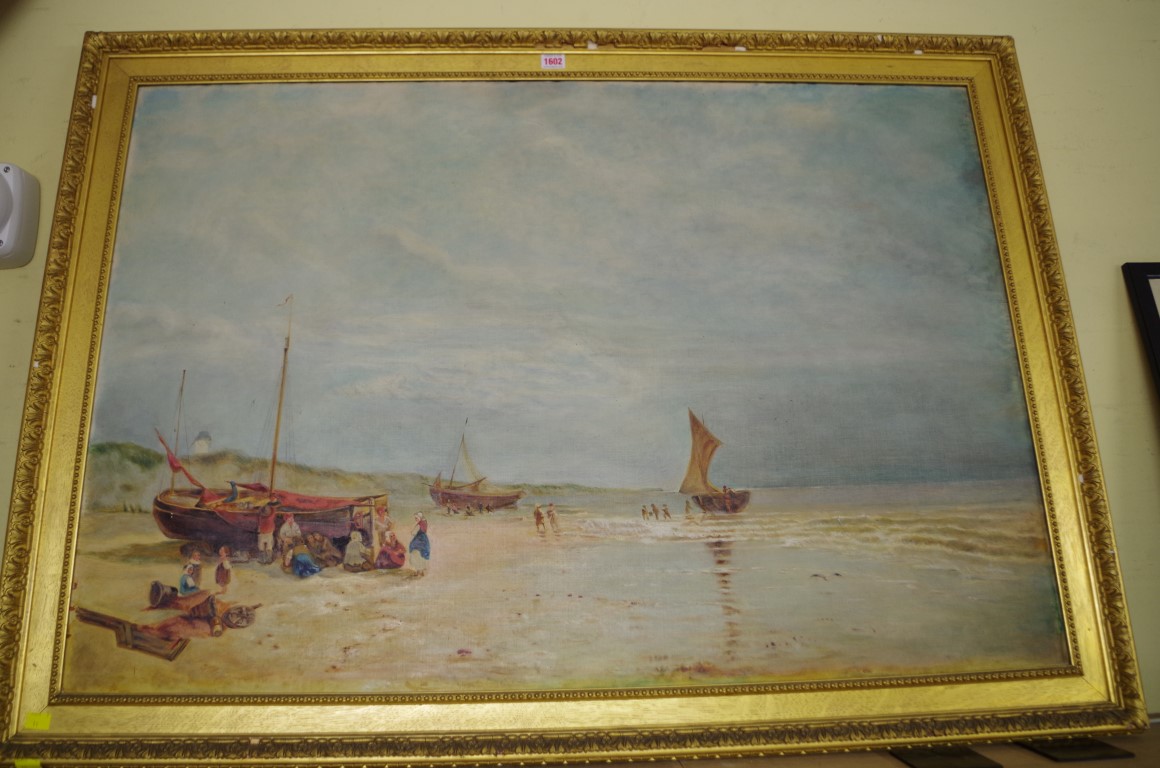 English School, fisher folk with boats on a beach, unsigned, oil on canvas, 76 x 110cm.