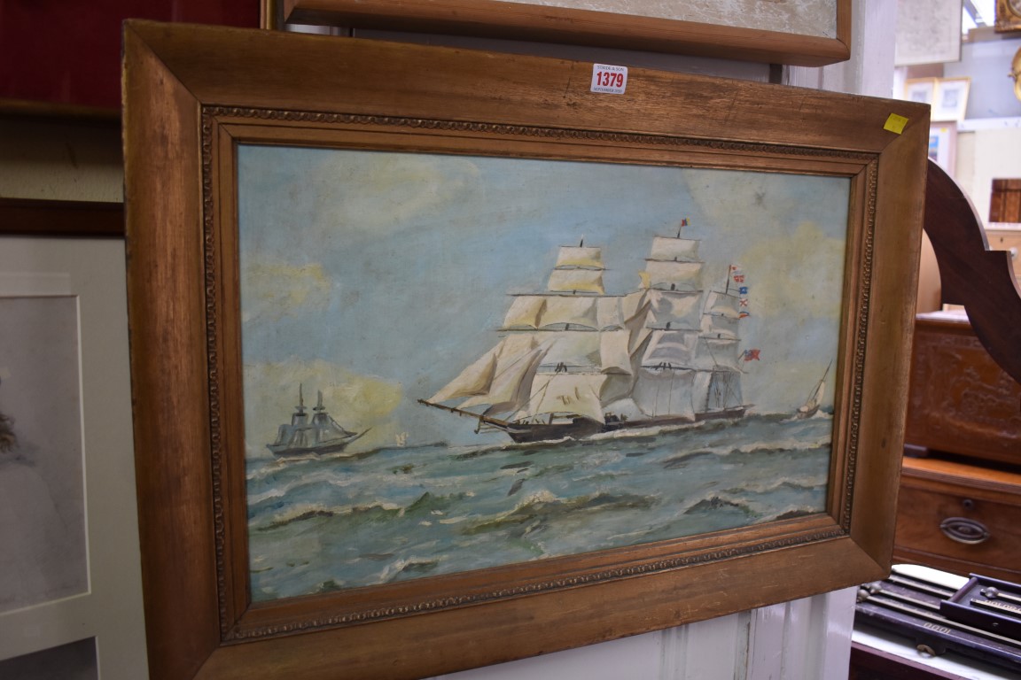 English School, a three masted sailing vessel, oil on board, 34 x 57.5cm.