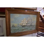 English School, a three masted sailing vessel, oil on board, 34 x 57.5cm.