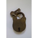 An antique large brass padlock, and two keys, inscribed 'V & R Blakemore, Birmingham', 11cm high.