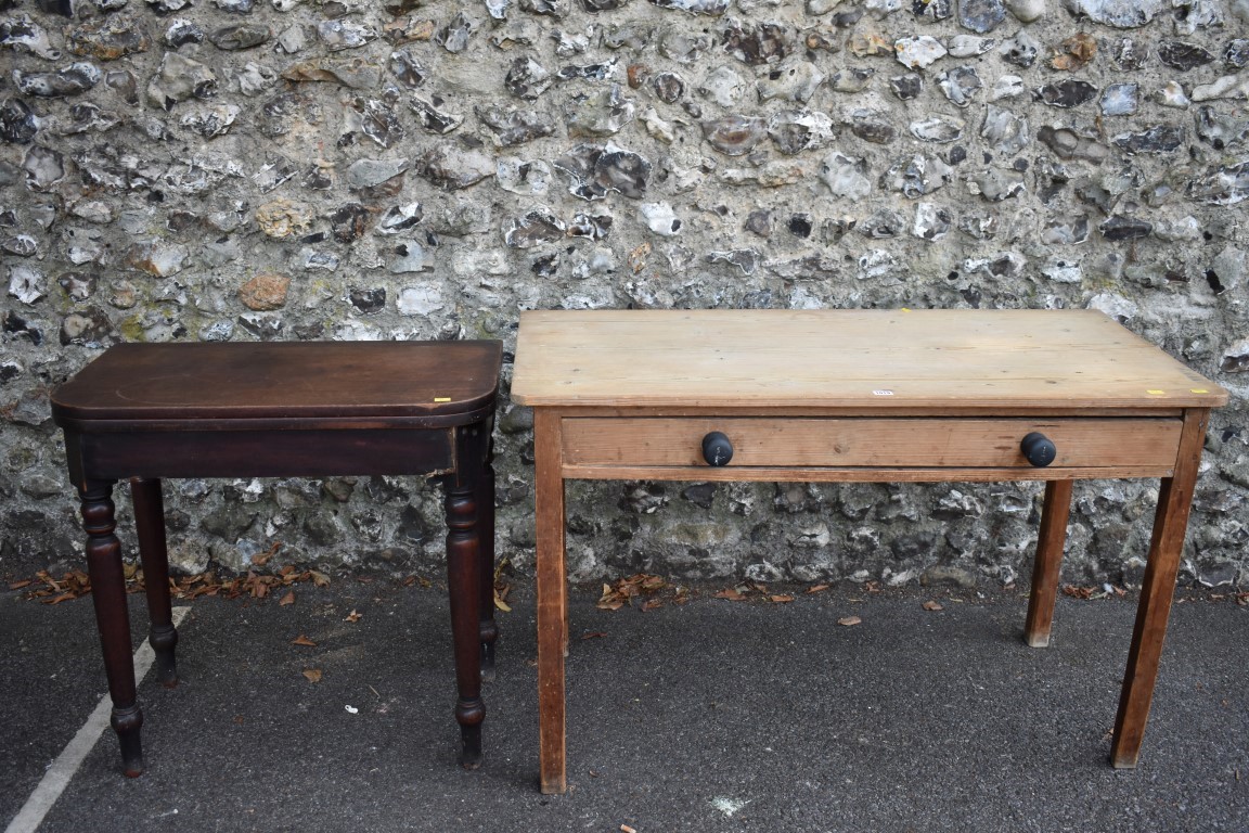 A Victorian mahogany tea table, 76cm wide; together with a rectangular pine table having one long - Image 3 of 5