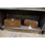 A Regency rosewood and brass inlaid work box, 27cm wide, (split to top); together with a George