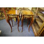 A pair of Louis XV style rosewood, kingwood and tulipwood banded gueridons, of shaped outline,