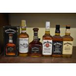 Five bottles of American spirits, comprising: a 75cl Jack Daniels 'Single Barrel' whiskey, in card