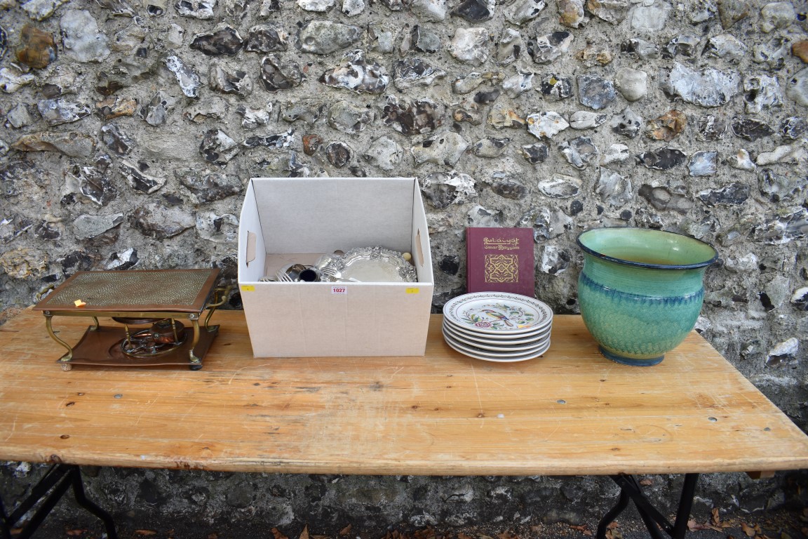 A quantity of silver plate; together with a copper plate warmer and a small quantity of ceramics.