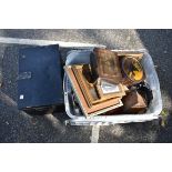 A mixed lot, to include: pictures; silver plate; wooden items and a black storage box. This lot
