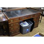 A good 19th century mahogany and brass bound campaign style pedestal desk, with counter sunk handles