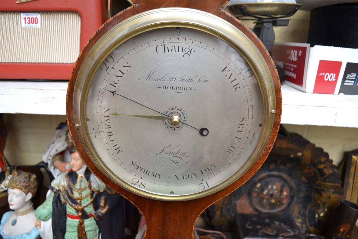 A 19th century mahogany and inlaid banjo barometer, the silvered dial inscribed 'Minola, 39 Leath - Image 2 of 2