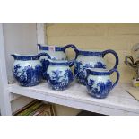 A graduated set of five reproduction blue and white jugs, 19.5cm high.