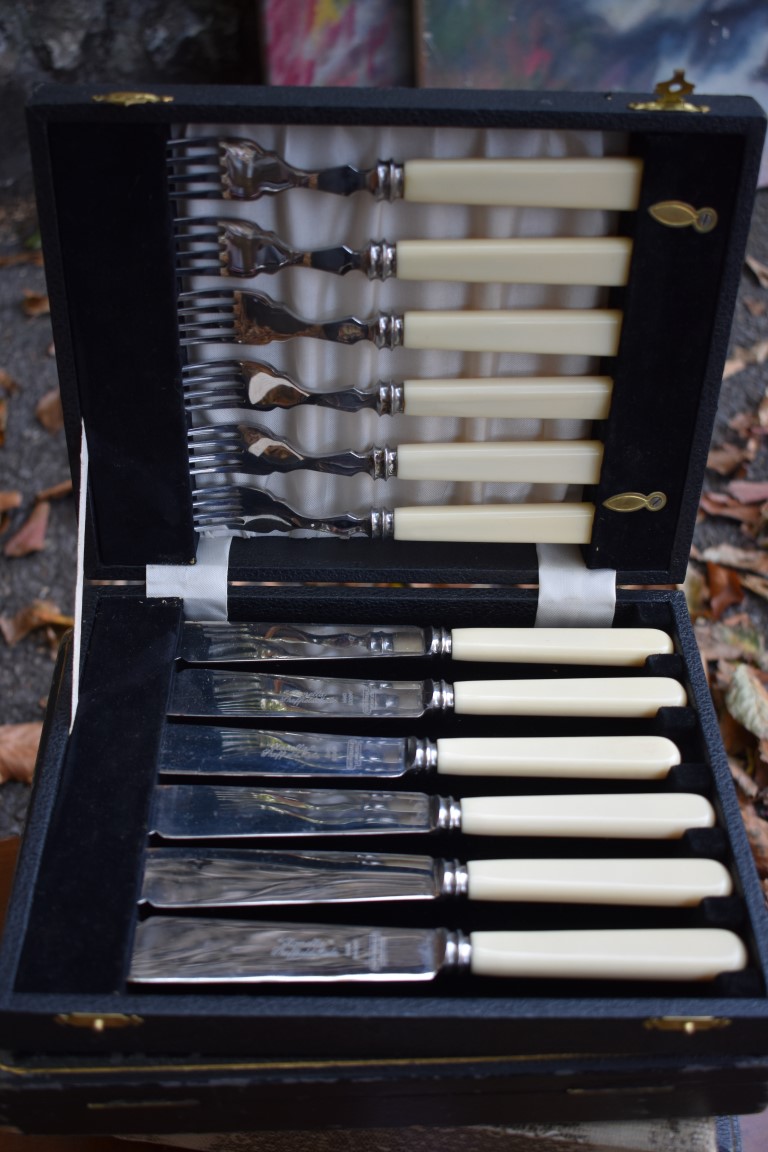 A cased set of ivory handled fish knives and forks; together with other plate, some cased sets. This - Image 3 of 9