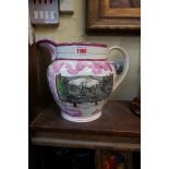 A 19th century Sunderland lustre jug, printed with a panel of the Iron Bridge and an opposing