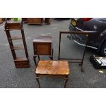 An old mahogany pot cupboard; a hanging wall shelf; firescreen; and a small table. This lot can only