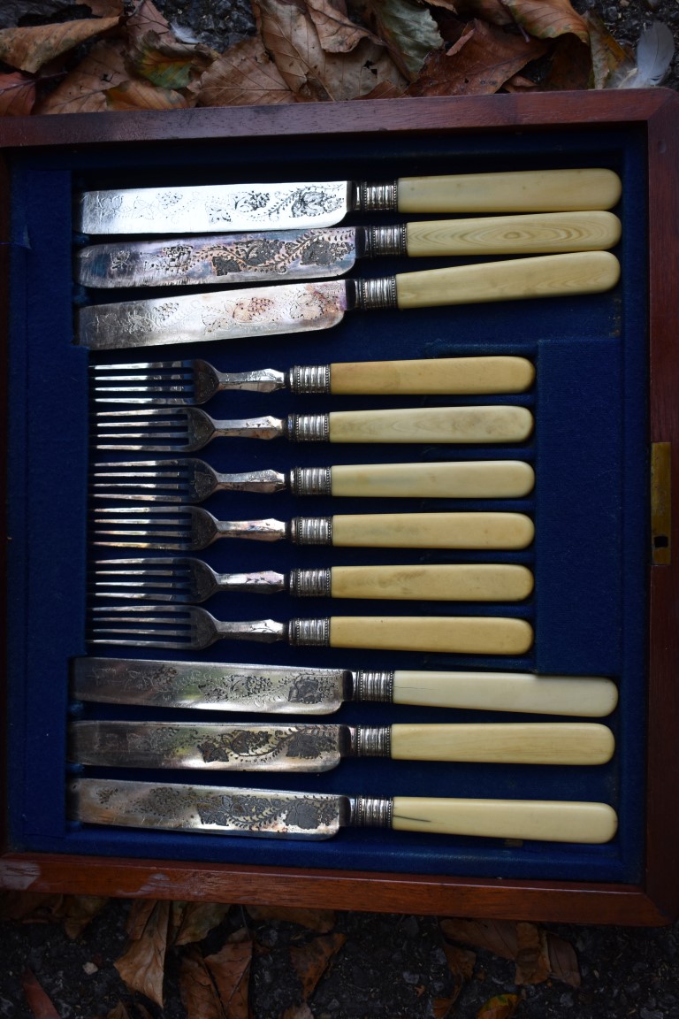 A cased set of ivory handled fish knives and forks; together with other plate, some cased sets. This - Image 9 of 9