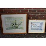 A watercolour of Emsworth by David Kitchen; together with a Nikolsky print of HMS Victory.This lot
