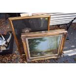 An oil of two children flying kites; together with an oil of woodland; and a Pears print. This lot