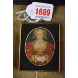 After Hans Holbein, half length portrait miniature of Anne of Cleves, 5.8 x 4.4cm oval.