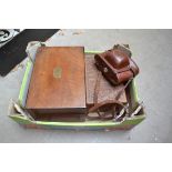 A Victorian walnut casket, 25cm wide; together with another embossed leather casket; and an Agfa