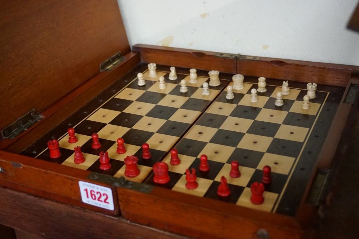 A Victorian mahogany folding chessboard, with bone chess set, the board 30.5cm wide. - Image 6 of 12