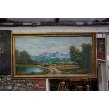 Andrew Grant Kurtis, an extensive Alpine landscape, oil on canvas, 59.5 x 121.5cm.