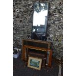 An Ikea full length mirror, 160 x 40cm; an antique inlaid overmantel mirror; two lamps; a hanging