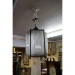 A scarce vintage Holophane and patinated brass ceiling lantern, total height 38cm.