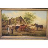 J Stone, figures and horses by a barn, oil on panel, 21.5 x 37.5cm.