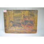 Follower of John Charles Maggs, a horse drawn railway parcel coach, oil on canvas, 25 x 35.5cm,