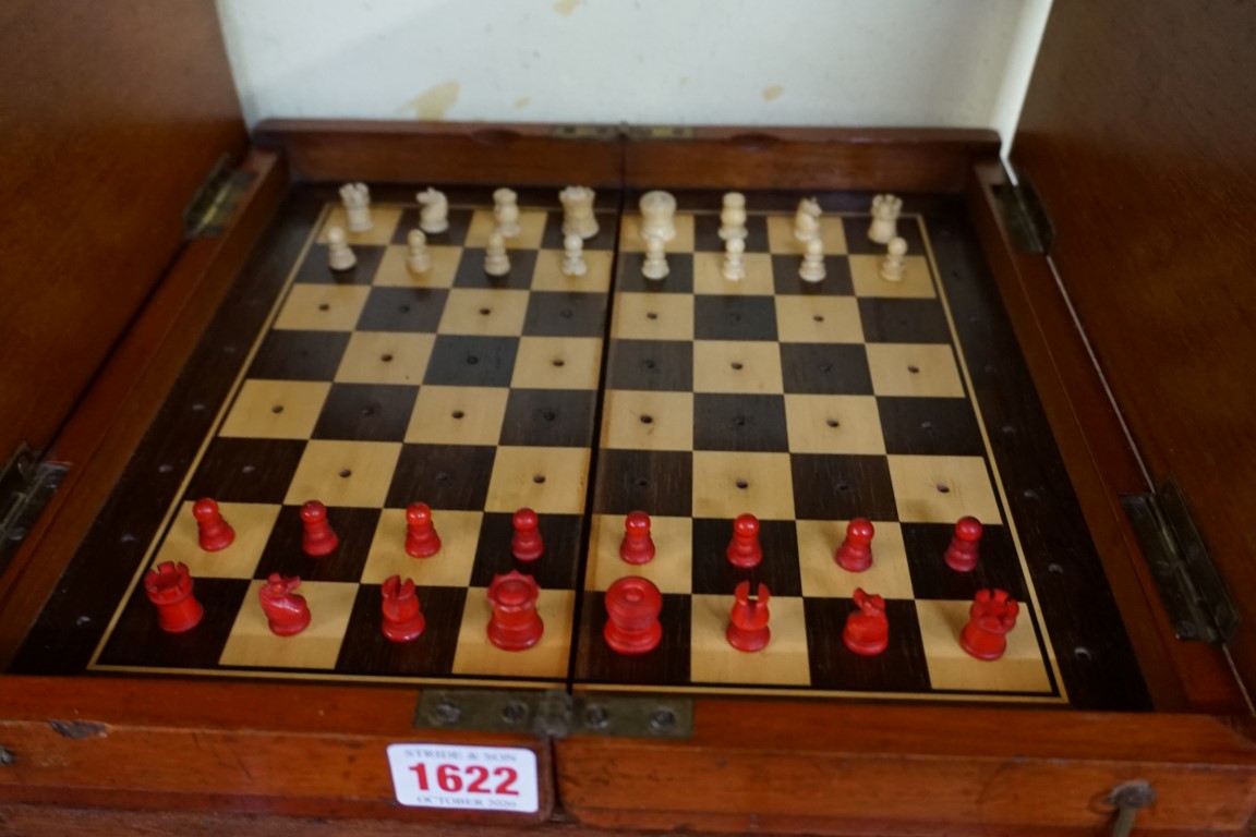 A Victorian mahogany folding chessboard, with bone chess set, the board 30.5cm wide. - Image 3 of 12