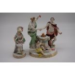 A Meissen porcelain figure group, 21cm high, (minor damage); together with another Meissen figure,