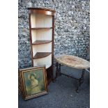 A Victorian walnut oval inlaid occasional table, 91cm wide; together with a standing mahogany corner