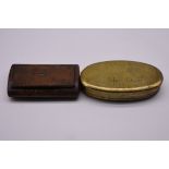 An 18th century burr wood snuff box, 10cm wide; together with another 18th century brass tobacco