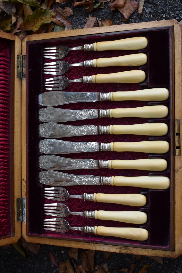 A cased set of ivory handled fish knives and forks; together with other plate, some cased sets. This - Image 7 of 9