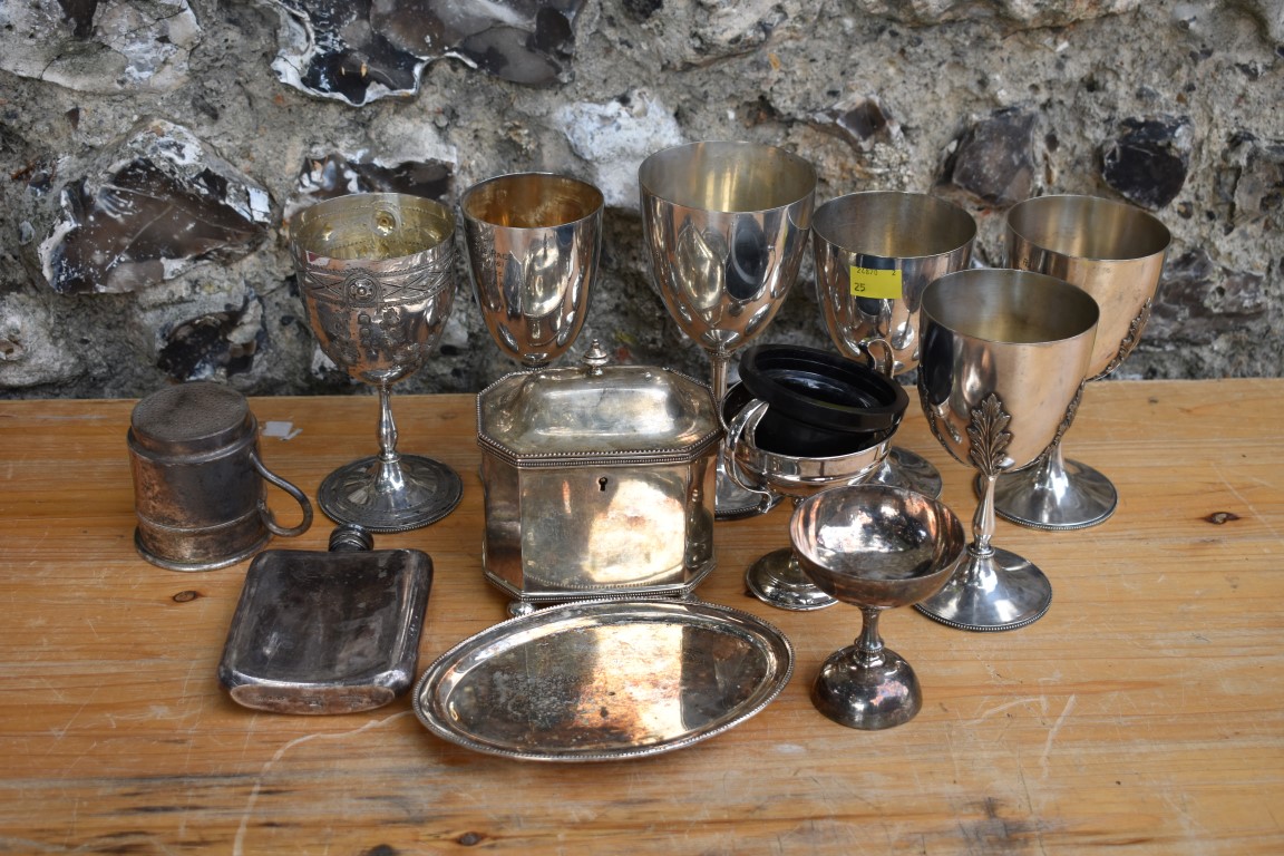 A quantity of plated trophy cups; together with other plate. This lot can only be collected on