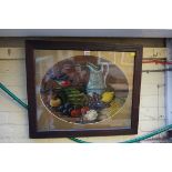 European School, still life of a finch, pottery jug and fruit, oil on board, 39 x 50cm oval.