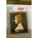 After Sandro Botticelli, portrait miniature of Giovanna Donna, indistinctly signed, probably on