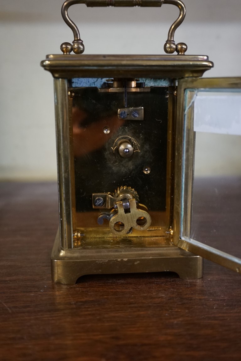 Two old brass carriage timepieces, the dial of one inscribed 'Mappin & Webb', height including - Image 4 of 11