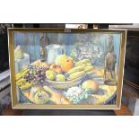 Peter Collens, still life of fruit, signed, labelled verso, oil on board, 39 x 56cm.