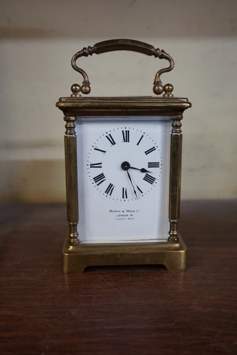 Two old brass carriage timepieces, the dial of one inscribed 'Mappin & Webb', height including - Image 7 of 11