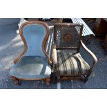 A Victorian occasional chair; together with a beech and cane occasional armchair. This lot can
