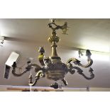 A large brass six branch ceiling light, 60cm high.