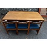 A mid-century style teak dining table and five chairs, labelled 'Pedley, Saffron Walden', the