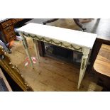 A Louis XVI style white painted marble top console table, 100cm wide.