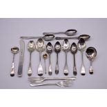 A small group of Georgian and later flatware, to include: a George III caddy spoon, by W E, London
