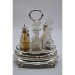 A good antique electroplated and cut glass cruet stand, 25cm high.