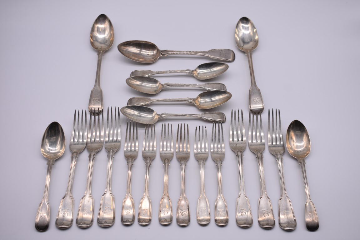 A part set of silver fiddle and thread pattern crested flatware, different makers and dates,