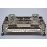 A Victorian silver desk inkstand, by Roberts & Belk, Sheffield 1899, 21cm wide, 489g weighable.